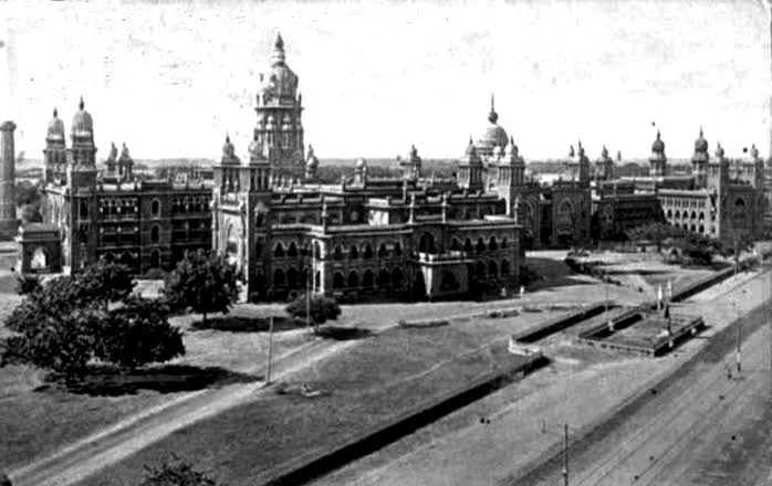 Madras- around the year 1900; "Majestic view of High Court building, across railway tracks"